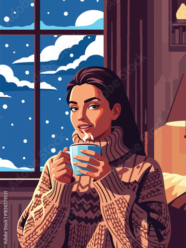 Flat winter portrait of a woman relaxing indoors with hot chocolate while wearing a chunky sweater and warm socks. Ideal for cozy lifestyle, winter comfort, and holiday content