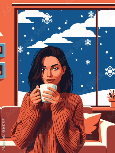 Flat winter portrait of a woman relaxing indoors with hot chocolate while wearing a chunky sweater and warm socks. Ideal for cozy lifestyle, winter comfort, and holiday content