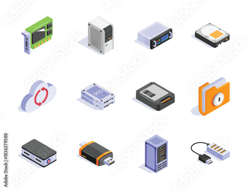 Isometric IT Hardware Illustration Set. Set of Isometric HDD, SSD, Server, USB and all kind of IT Hardware Illustration.