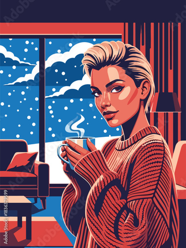 Flat winter portrait of a woman relaxing indoors with hot chocolate while wearing a chunky sweater and warm socks. Ideal for cozy lifestyle, winter comfort, and holiday content