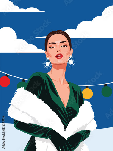 Flat modern portrait of a fashionable woman in a velvet holiday dress with fur shawl and sparkling earrings. Ideal for elegant winter celebrations and festive fashion illustration