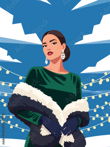 Flat modern portrait of a fashionable woman in a velvet holiday dress with fur shawl and sparkling earrings. Ideal for elegant winter celebrations and festive fashion illustration
