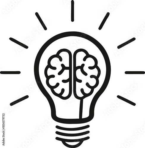 Black and white lightbulb shows brain inside, suggesting creativity and intelligence concept
