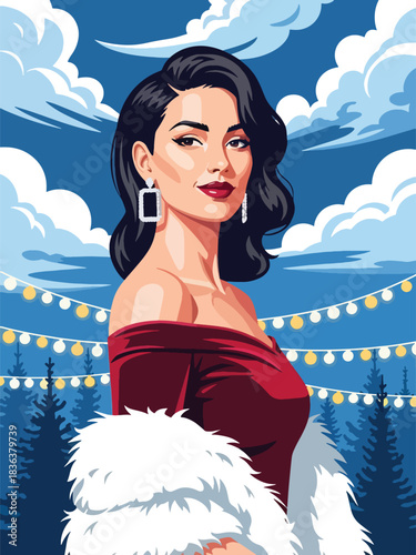 Flat modern portrait of a fashionable woman in a velvet holiday dress with fur shawl and sparkling earrings. Ideal for elegant winter celebrations and festive fashion illustration