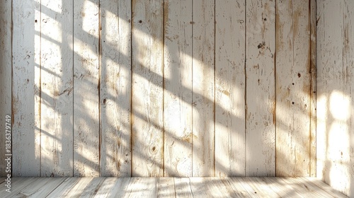 Sunny room with wooden paneling, interior view, shadows. Possible use Stock photography for home decor, real estate, interior design