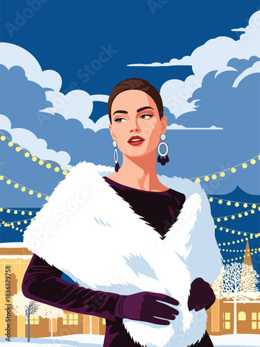 Flat modern portrait of a fashionable woman in a velvet holiday dress with fur shawl and sparkling earrings. Ideal for elegant winter celebrations and festive fashion illustration