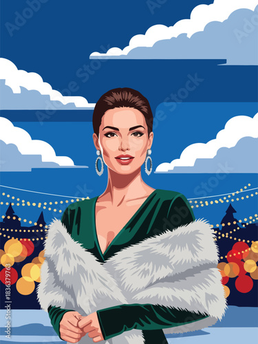 Flat modern portrait of a fashionable woman in a velvet holiday dress with fur shawl and sparkling earrings. Ideal for elegant winter celebrations and festive fashion illustration