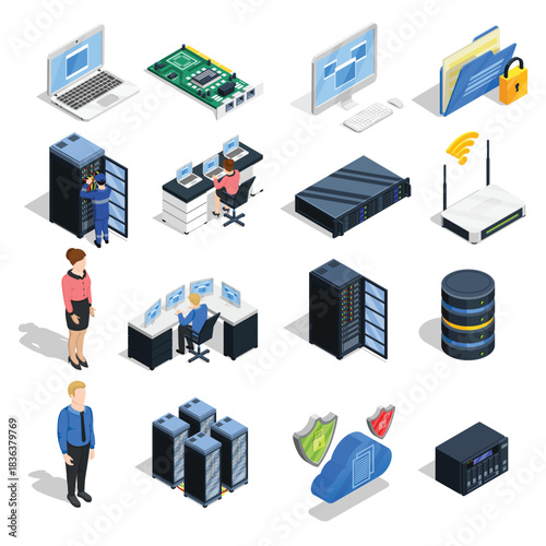 Isometric Set of Network and Computer Technicians. IT Illustration of servers, IT workers, computers and router equipment.