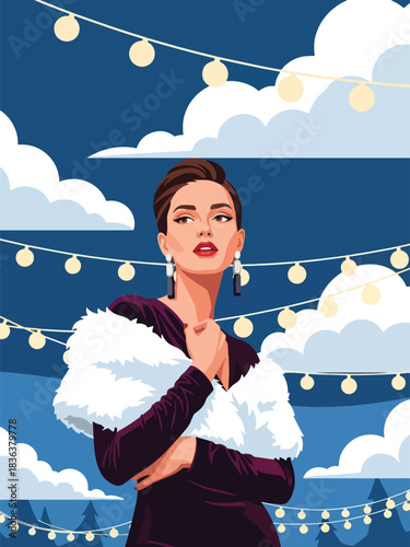 Flat modern portrait of a fashionable woman in a velvet holiday dress with fur shawl and sparkling earrings. Ideal for elegant winter celebrations and festive fashion illustration