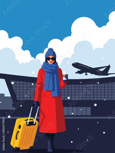 Flat vector portrait of a woman with wheeled suitcase wearing long coat and scarf while traveling in winter. Ideal for travel content, lifestyle blogs, and airport-themed illustrations