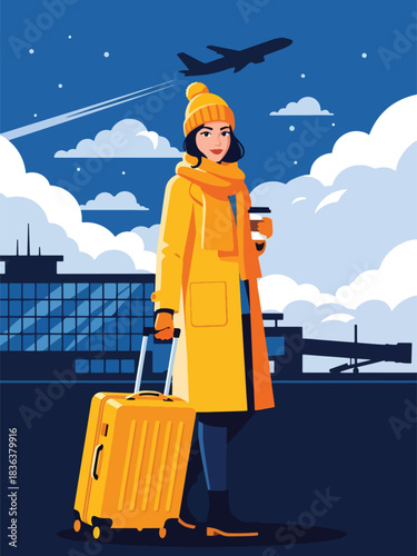 Flat vector portrait of a woman with wheeled suitcase wearing long coat and scarf while traveling in winter. Ideal for travel content, lifestyle blogs, and airport-themed illustrations
