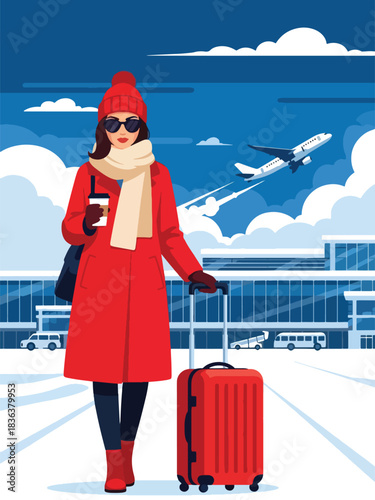 Flat vector portrait of a woman with wheeled suitcase wearing long coat and scarf while traveling in winter. Ideal for travel content, lifestyle blogs, and airport-themed illustrations