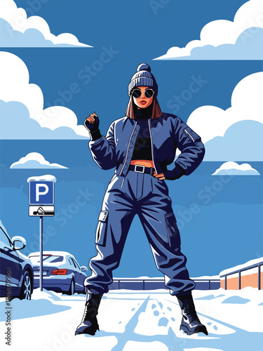 Flat portrait of a stylish woman in bomber jacket, cargo pants, sunglasses, and chunky boots walking in snowy urban area. Ideal for edgy winter fashion and streetwear branding