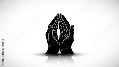 A striking black silhouette of two hands pressed together in a prayer or namaste gesture, with a subtle reflection on a clean white background.