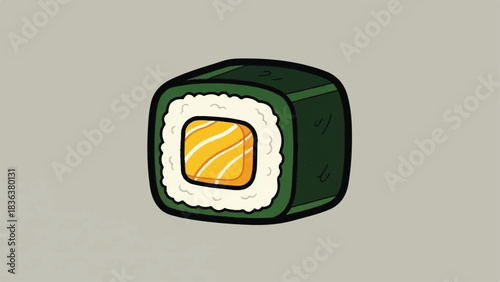 A single piece of salmon sushi roll with nori and rice.