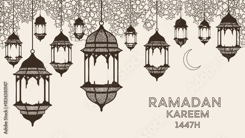 Elegant illustration of hanging Islamic lanterns and a crescent moon for Ramadan Kareem celebration, featuring intricate patterns and traditional design.