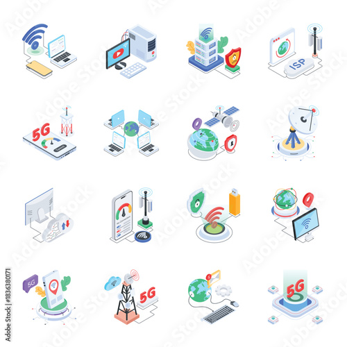 Networking and Communication Technology. Set of 5G, networking connection and communication illustration in isometric design.