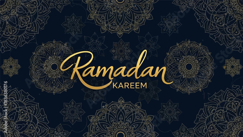 Elegant dark blue background with golden mandala patterns and 'Ramadan KAREEM' in beautiful script, celebrating the holy month.