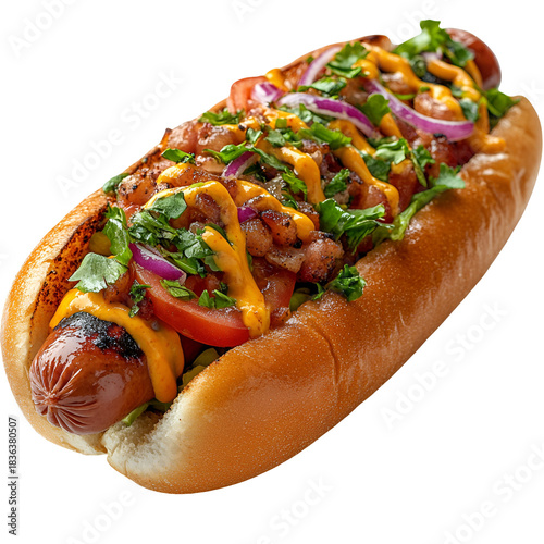 Loaded hot dog with toppings transparent background