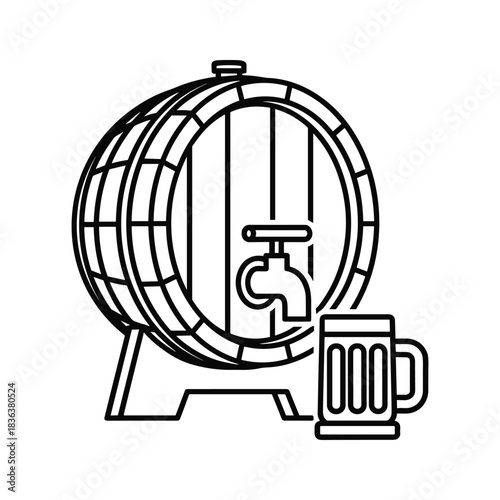 Beer Barrel with Tap and Mug Outline Icon
