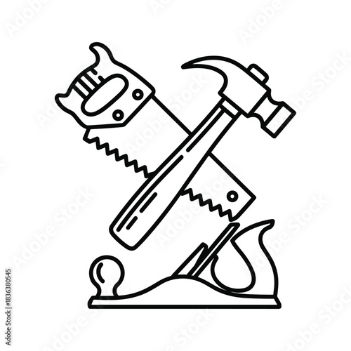 Carpentry Tools Icon with Hammer, Saw, and Hand Plane
