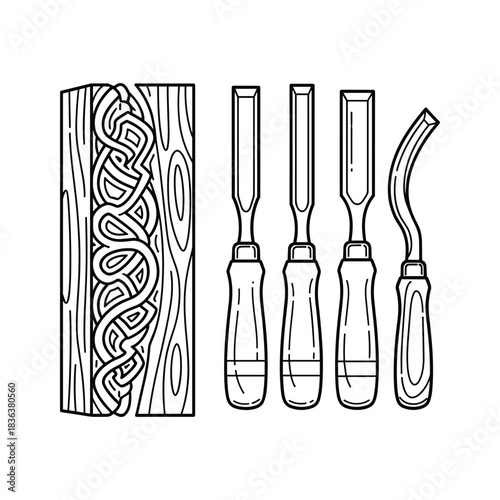 Illustration of Wood Carving: Celtic Knot Pattern on a Wooden Block with a Set of Chisels and Gouges, representing craftsmanship and traditional art.