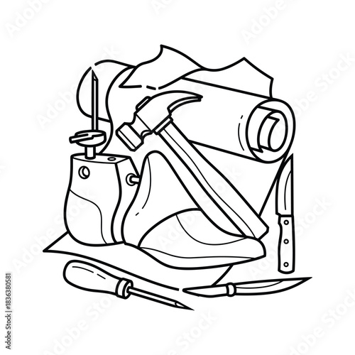 Outline Illustration of Traditional Shoemaking Tools & Leather Craft Essentials