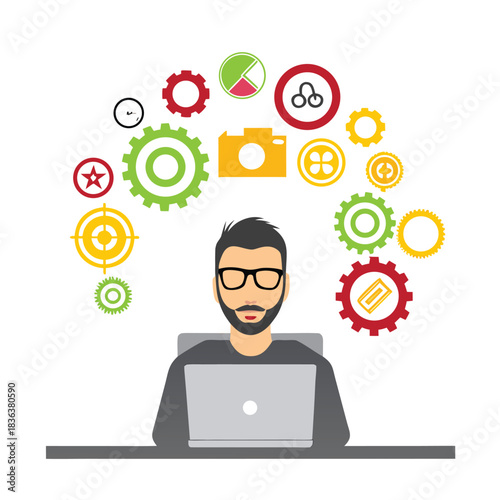 Bearded man at laptop is surrounded by gears and various business icons aloft