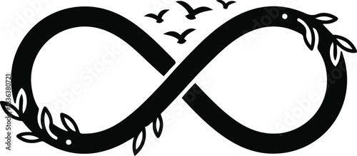 A stylized black vector silhouette of an infinity symbol adorned with organic leafy vines and a small flock of flying birds, symbolizing eternal freedom, nature, and endless life.