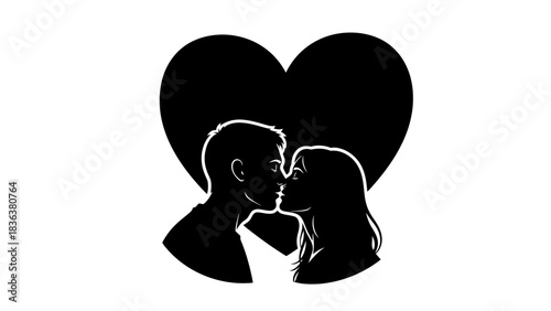 Silhouette of a couple kissing in front of a large black heart, symbolizing love and romance.