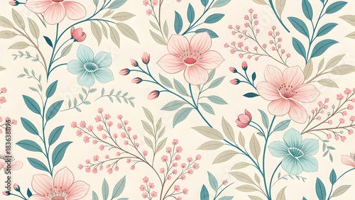 Romantic floral pattern with pink and blue blossoms, perfect for spring designs and elegant textiles, a beautiful botanical aesthetic for your project