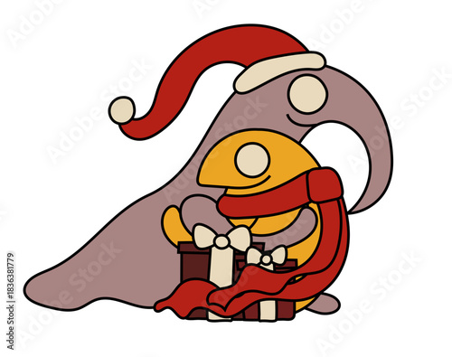 Two cute monsters hugging, one orange with a red scarf, one grey with a beak and Christmas hat, with two wrapped presents next to them. Concept of Christmas joy. Vector drawing. 