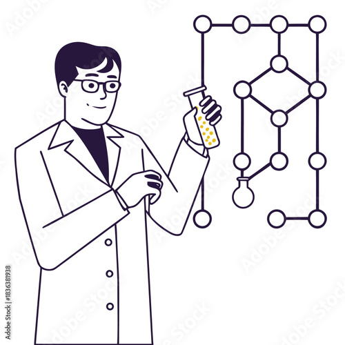 Asian scientist holds a chemical filled test tube while examining a molecule diagram