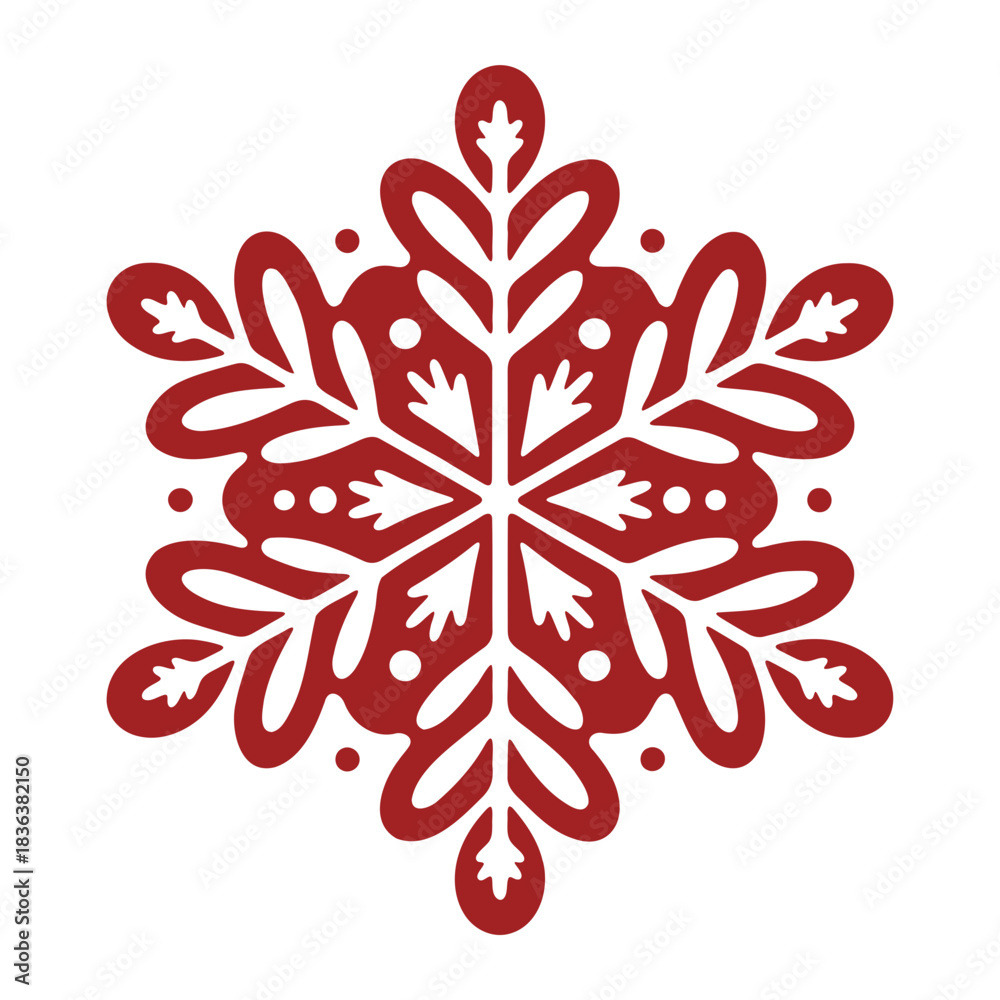 Fototapeta premium A red snowflake with decorative elements and six points is centered on a white background design image