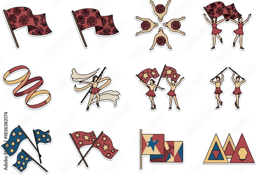 Fototapeta premium Festive Set of Celebration Icons Flags, Ribbons, and Cheerleaders