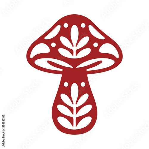 Stylized red mushroom with leaf pattern and white dots on a white background in a symmetrical design