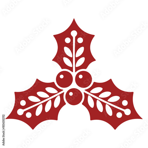 Illustration of a red holly sprig with three leaves and berries on a white background in a simple style