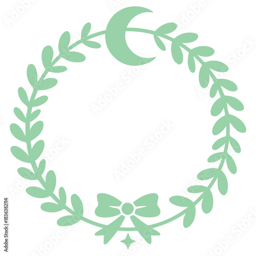 Mint green wreath with crescent moon leaves bow and star design for decorations and invitations use