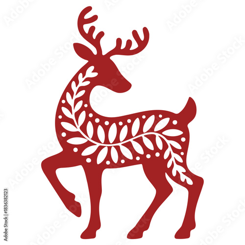 Stylized red reindeer with white floral pattern on its body standing on a white background