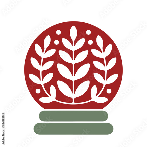 Illustration of a red snow globe with white leaves and a green base design for christmas time