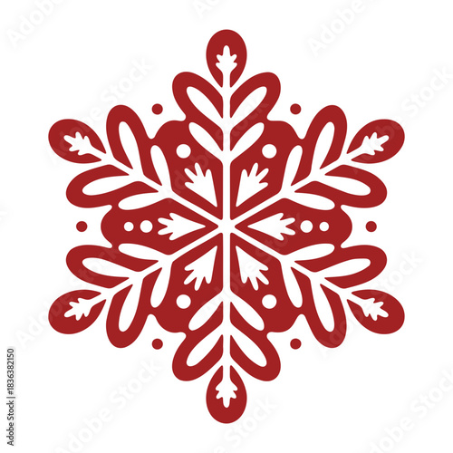 A red snowflake with decorative elements and six points is centered on a white background design image