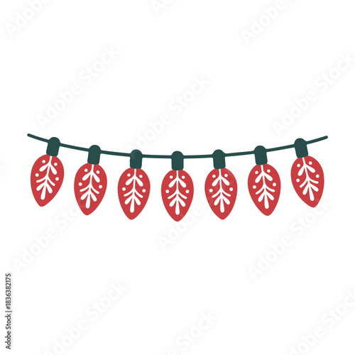 A festive string of christmas lights with red bulbs and white leaf patterns hanging horizontally across