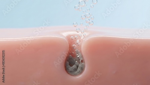 A soft rosy skin pore releasing tiny bubbles into blue light showing gentle cleaning and oil and dead skin cells removal