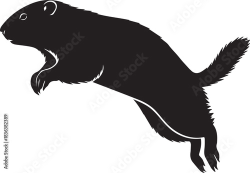 Silhouette of a groundhog jumping in mid air against a white background