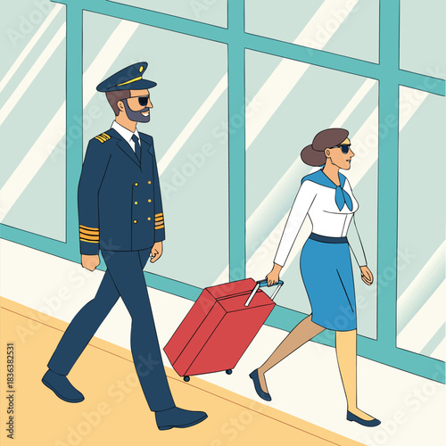 Bearded pilot and flight attendant walk while pulling a red suitcase in terminal