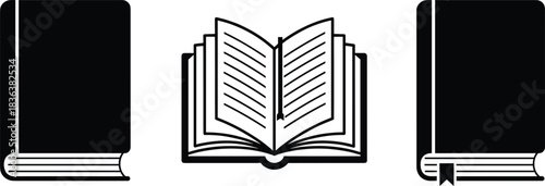 Minimal black and white vector illustration of closed and open book icons, perfect for education, reading, publishing, and library design use.