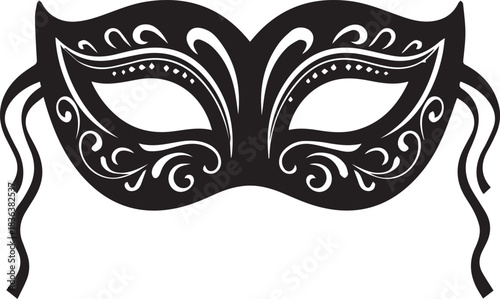 Ornate black masquerade mask with decorative swirls and ties