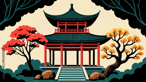 Harmonious East Asian Pavilion Illustration Amidst Autumn Foliage, Serene Traditional Cultural Architecture in a Stylized Garden Setting