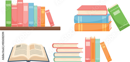 Pastel vector illustration of stacked books, open book, and bookshelf arrangements, perfect for education, reading, library, and academic design projects