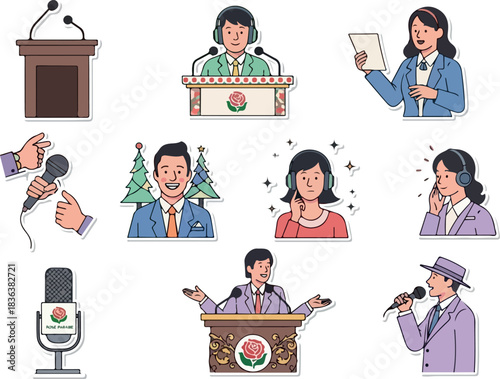 Diverse People Speaking at Podium with Microphones Illustrations